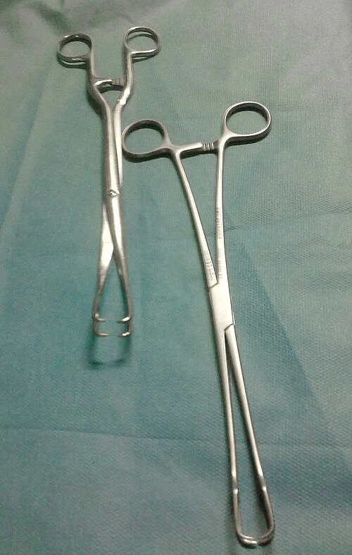 Two long ring-handled clamps with locking ratchets end in sharp pointed gripping tips.