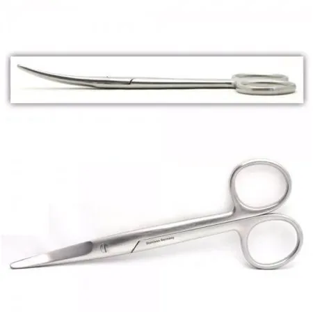 Heavier silver surgical scissors with a curved tip.