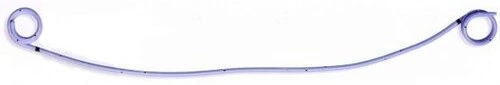 A thin curved tube with a circular curl at each end.