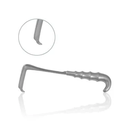 Hooked handle with a wide gripping area with a bent tip that has a small lip