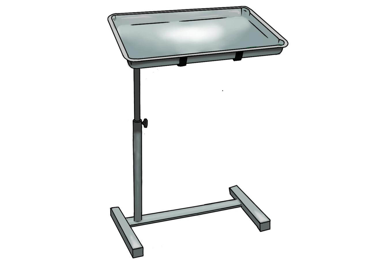 An illustration shows a rectangular tray on one adjustable vertical column with a wheeled floor base.