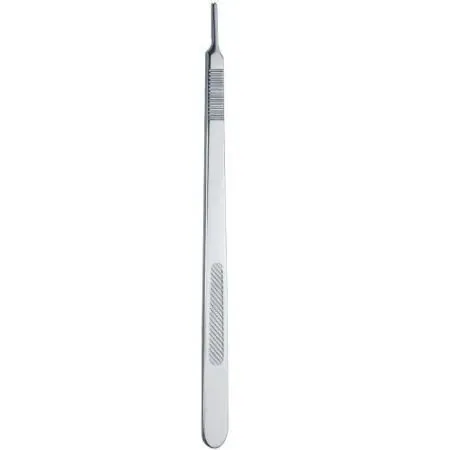 A sterile surgical scalpel with a narrow metal blade mount on the top and a handle shown vertically on a plain background.