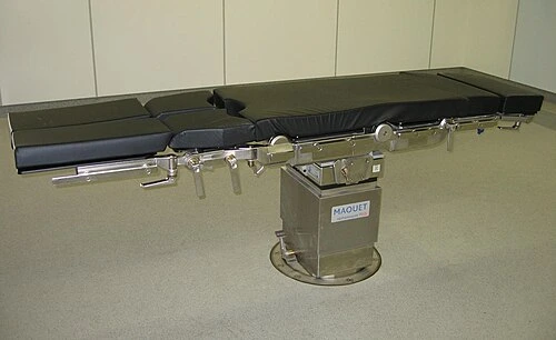 A long segmented padded tabletop rests on a central column and has metal rails along its sides.
