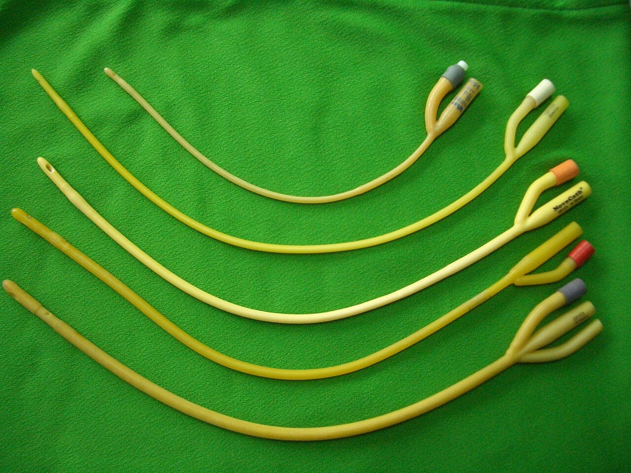 Several flexible tubes with rounded distal tips are arranged on green cloth; the bottom tube has three proximal branches.