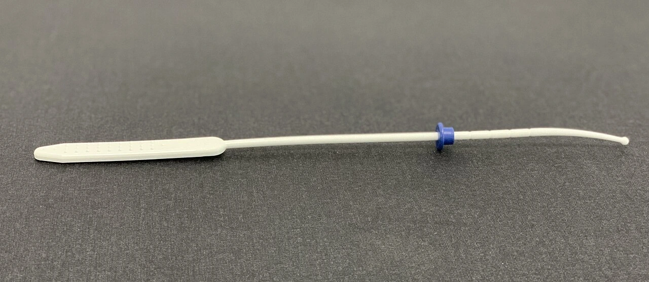 A narrow pale rod with a flattened handle, slightly curved distal end and a blue adjustable collar.