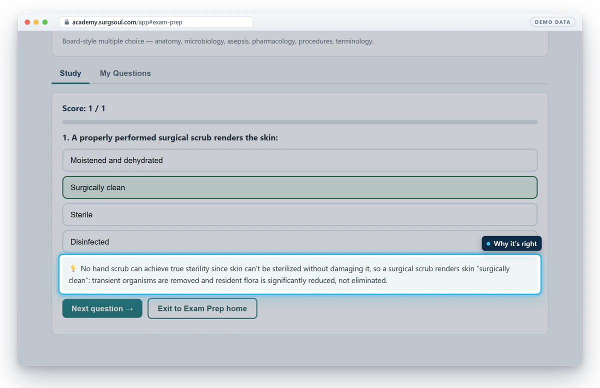 A CST-style question about the surgical scrub answered correctly, with the rationale shown below it.