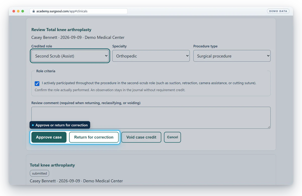An instructor reviewing a submitted case log, with buttons to approve it or return it for correction.